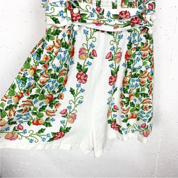 Farm Rio Womens Floral Print Square Neckline Romper Pom Pom Detail Size Large - Picture 7 of 7